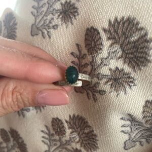 Artisan  silver ring carved green apatite scarab adjustable.